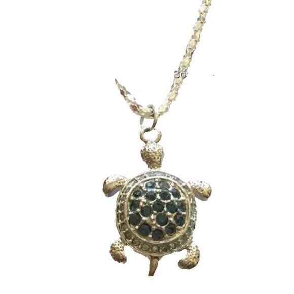 Silver Blue Crystal Sea Turtle Necklace Pendant Island Nautical Plated 17" - Picture 6 of 10